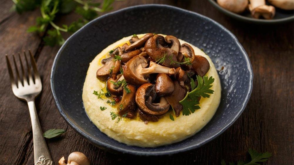 Polenta,Mit,Pilzen,,Cremige,Polenta,Gekrönt